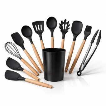 Kit Utensilios Cozinha Silicone 12 Pecas Cabo Madeira Completo