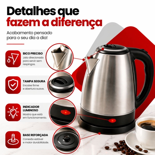 Chaleira Elétrica Inox 1,8 Litros Jarra Bule BAK Cor Prata