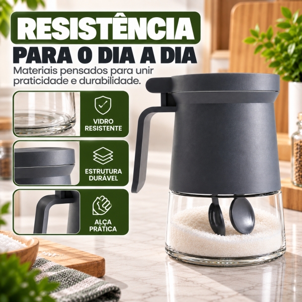 Açucareiro de Vidro 350ml com Tampa Vedada e Colher Azul e Cinza - Cinza