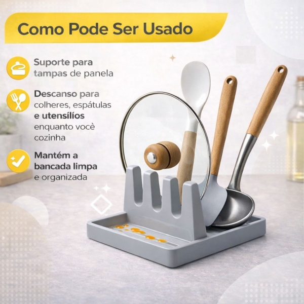 Suporte Descanso Tampa Panela Utensílios Organizador Cozinha - Cinza
