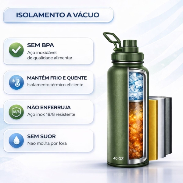 Garrafa Térmica Inox 1200ml Parede Dupla Isolamento a Vácuo Antivazamento com Alça 180° - Verde Militar