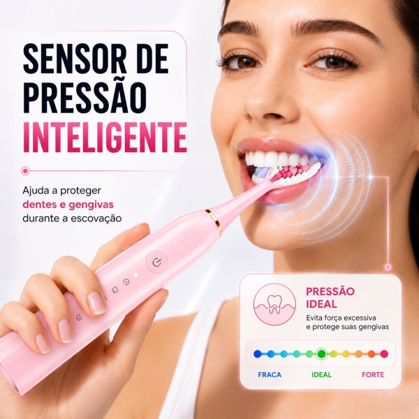 Escova Elétrica Sônica Recarregável USB IPX7 6 Modos + 4 Refis - Rosa