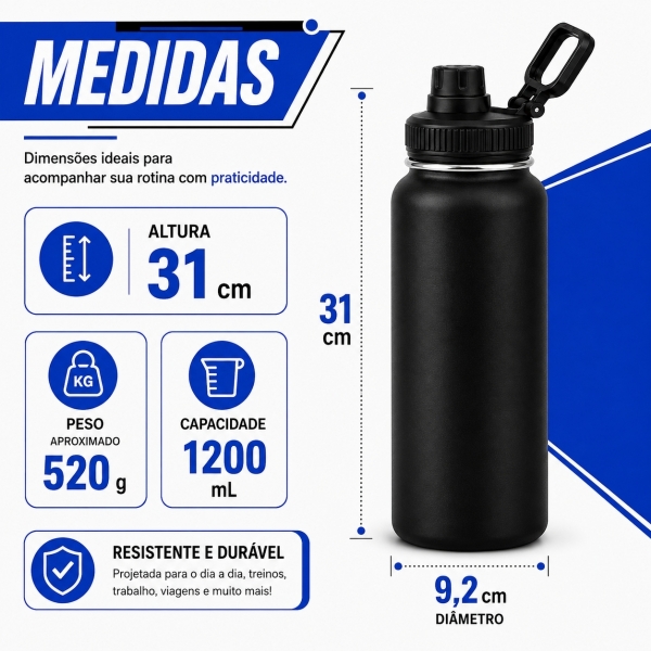 Garrafa Térmica Inox 1200ml Parede Dupla Isolamento a Vácuo Antivazamento com Alça 180° - Preta