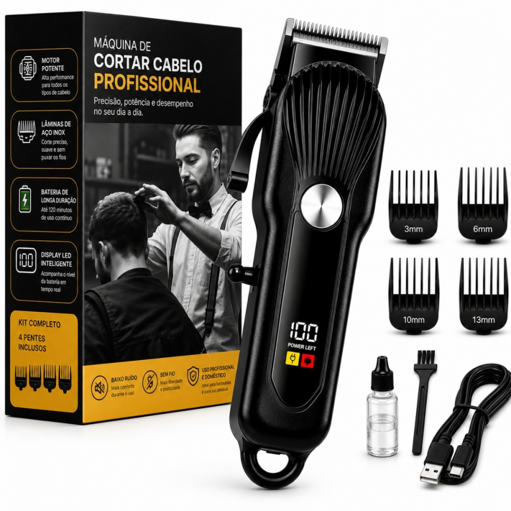 Máquina de Cortar Cabelo Profissional Display Digital 5w