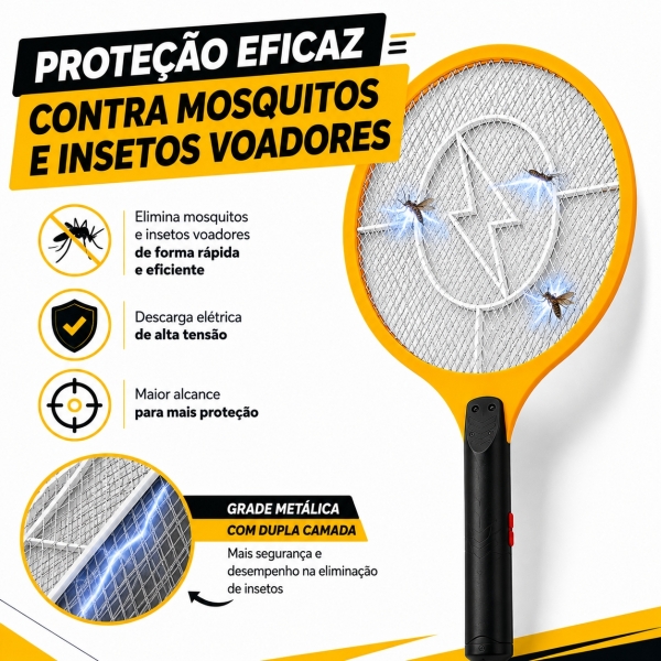 Raquete Elétrica Mata Mosquito Recarregável Bivolt Resistente