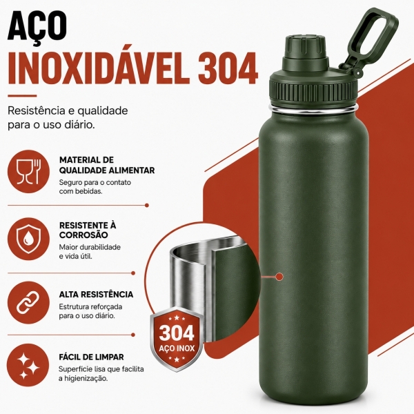 Garrafa Térmica Inox 1200ml Parede Dupla Isolamento a Vácuo Antivazamento com Alça 180° - Verde Militar