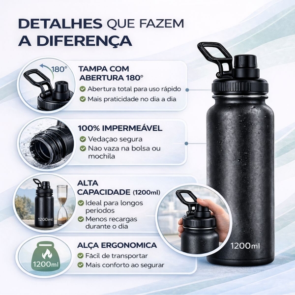 Garrafa Térmica Inox 1200ml Parede Dupla Isolamento a Vácuo Antivazamento com Alça 180° - Preta