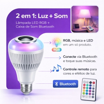 Lampada Bluetooth Caixa De Som Led RGB 12W Controle Remoto