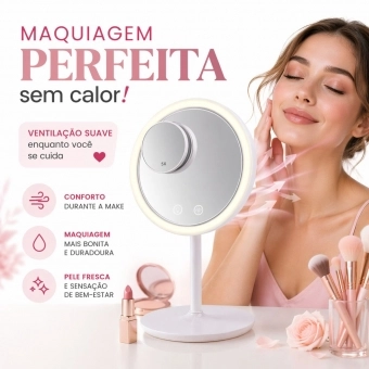 Espelho Maquiagem LED Com Ventilador 5x Aumento Touch Recarregável