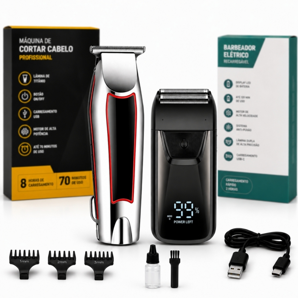 Kit Máquina de Acabamento Profissional 3W + Barbeador Elétrico Shaver 5W Sem Fio com Display LED 3 Pentes USB Lâmina T