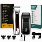 Kit Máquina de Acabamento Profissional 3W + Barbeador Elétrico Shaver 5W Sem Fio com Display LED 3 Pentes USB Lâmina T