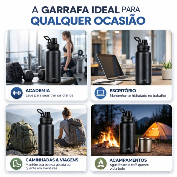 Garrafa Térmica Inox 1200ml Parede Dupla Isolamento a Vácuo Antivazamento com Alça 180° - Preta