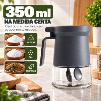 Açucareiro de Vidro 350ml com Tampa Vedada e Colher Azul e Cinza