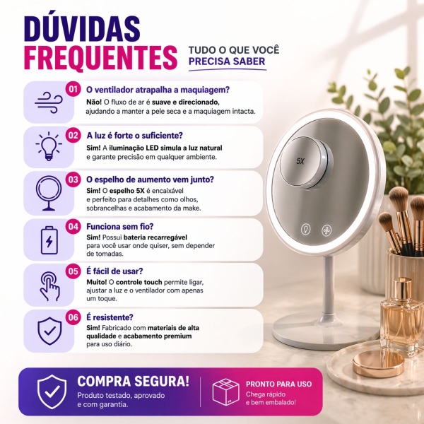 Espelho Maquiagem LED Com Ventilador 5x Aumento Touch Recarregável