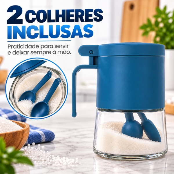 Açucareiro de Vidro 350ml com Tampa Vedada e Colher Azul e Cinza - Azul escuro