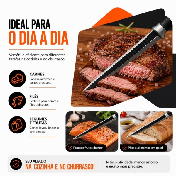 Kit Faca Serrilhada 24cm Inox Profissional Com Afiador 3 Estagios E Balanca Digital 10kg