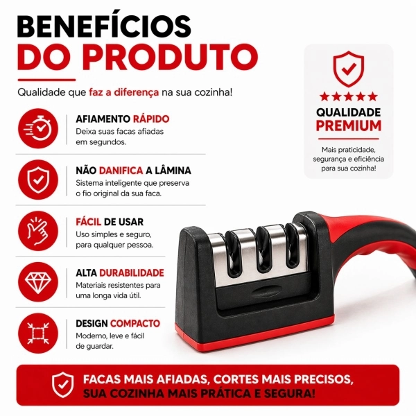 Kit Faca Serrilhada 24cm Inox Profissional Com Afiador 3 Estagios