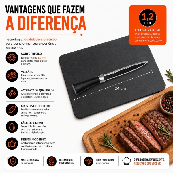 Kit Faca Serrilhada 24cm Inox Profissional Com Afiador 3 Estagios E Balanca Digital 10kg