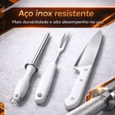 Kit Churrasco Profissional 3 Peças Faca Garfo Chaira Aço Inox