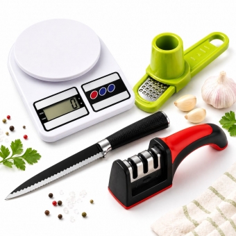 Kit Cozinha 4 Em 1 Balança Digital Faca Afiador Ralador