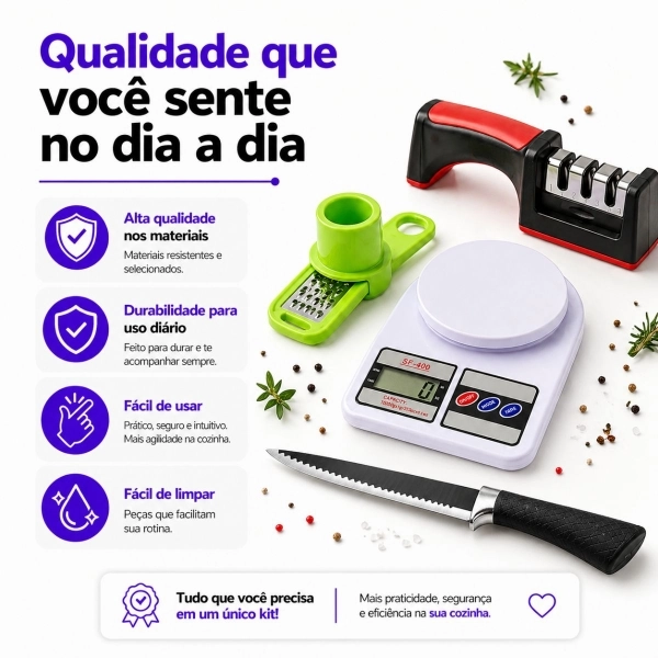 Kit Cozinha 4 Em 1 Balança Digital Faca Afiador Ralador