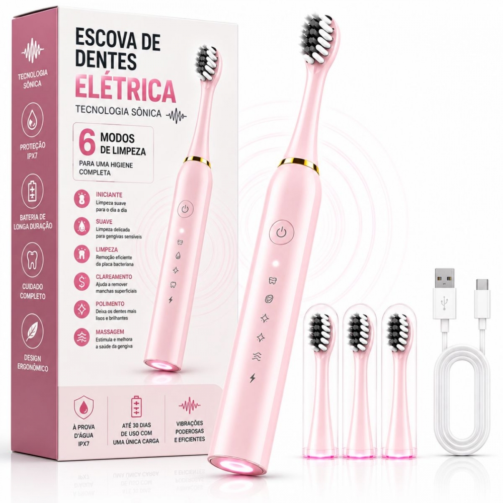 Escova Elétrica Sônica Recarregável USB IPX7 6 Modos + 4 Refis - Rosa