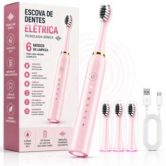 Escova Elétrica Sônica Recarregável USB IPX7 6 Modos + 4 Refis