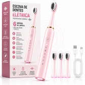 Escova Elétrica Sônica Recarregável USB IPX7 6 Modos + 4 Refis - Rosa