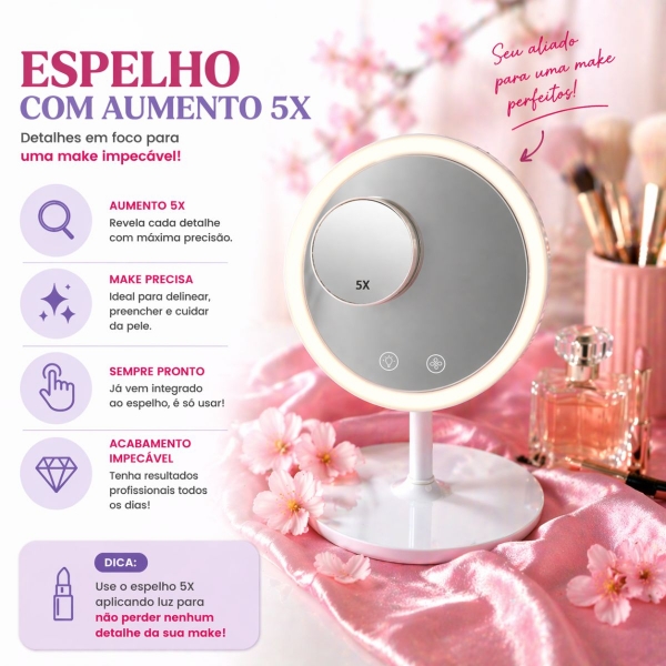 Espelho Maquiagem LED Com Ventilador 5x Aumento Touch Recarregável