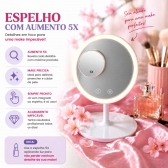 Espelho Maquiagem LED Com Ventilador 5x Aumento Touch Recarregável