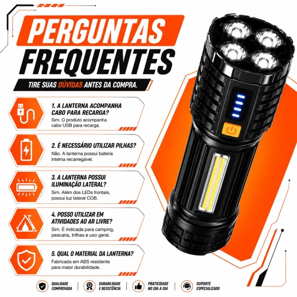 Lanterna Tática LED Recarregável USB 190000 Lumens 500m COB 4 Modos