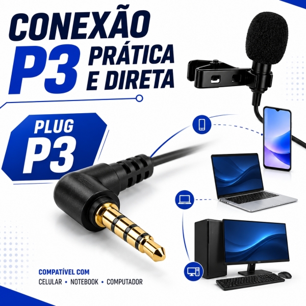 Microfone de Lapela P3 com Fio 2,5m para Celular e PC