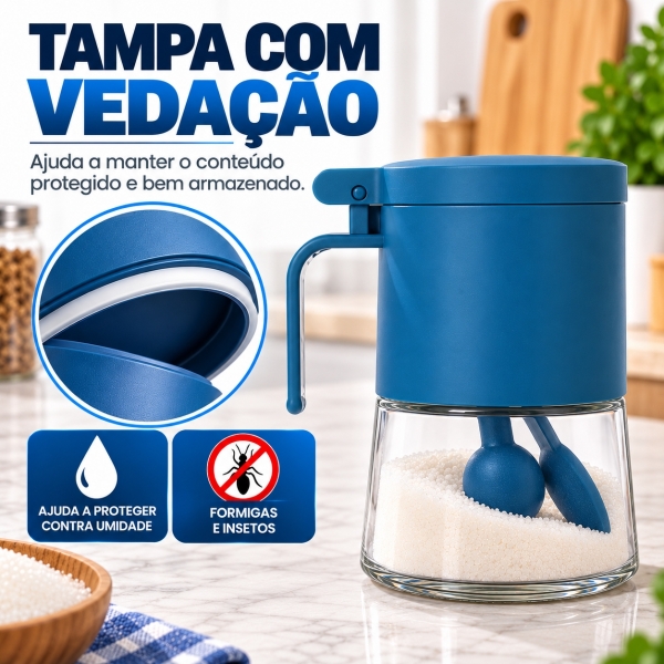 Açucareiro de Vidro 350ml com Tampa Vedada e Colher Azul e Cinza - Azul escuro