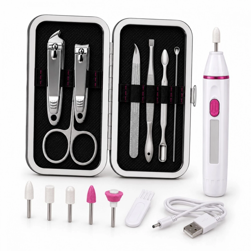 Kit Lixa Elétrica De Unhas 5 Pontas + Manicure Pedicure 7 Em 1 Com Estojo Portátil Completo