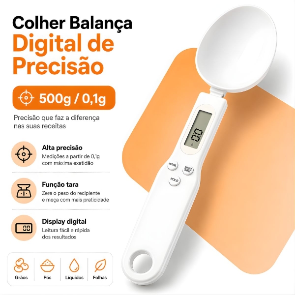 Colher Medida Balança Digital Eletrônica Cozinha Até 500g - Branca