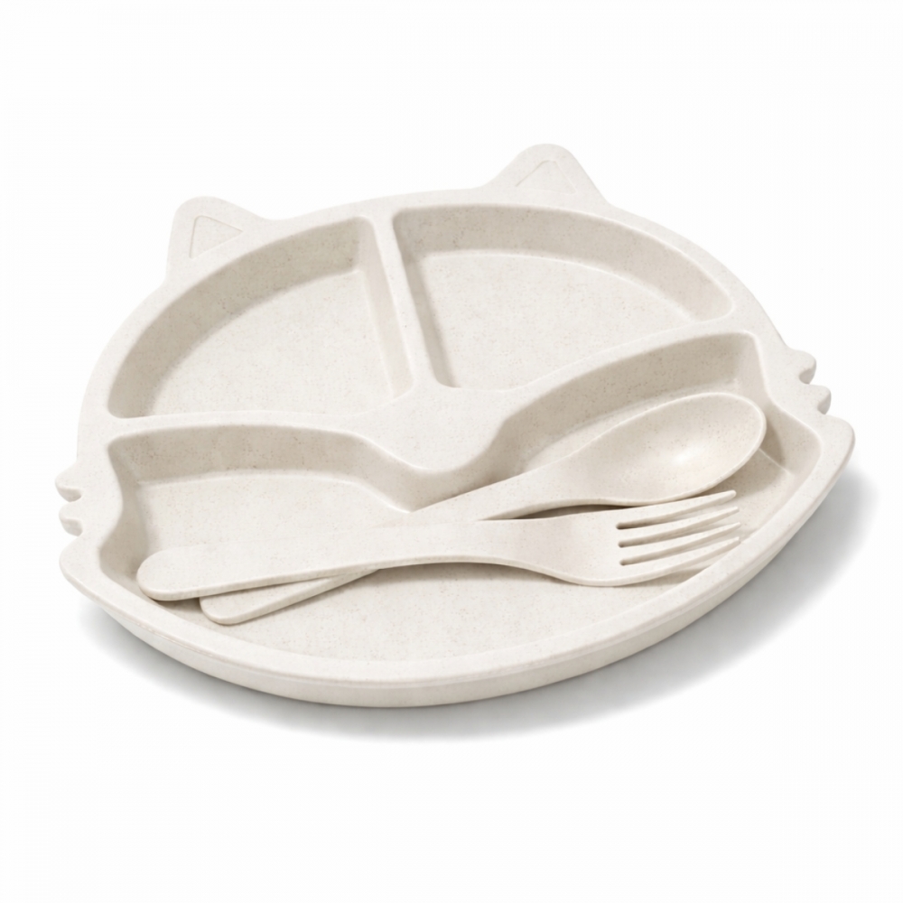 Prato Infantil Com Divisorias Flor Garfo E Colher BPA Free - Gato Branco