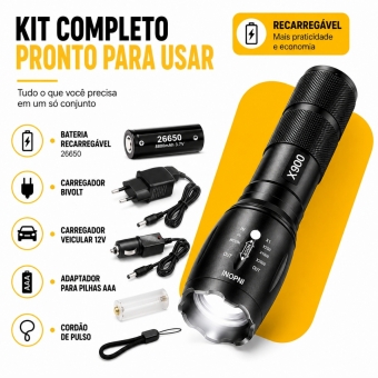 Lanterna Tática X900 Recarregável Zoom LED Potente