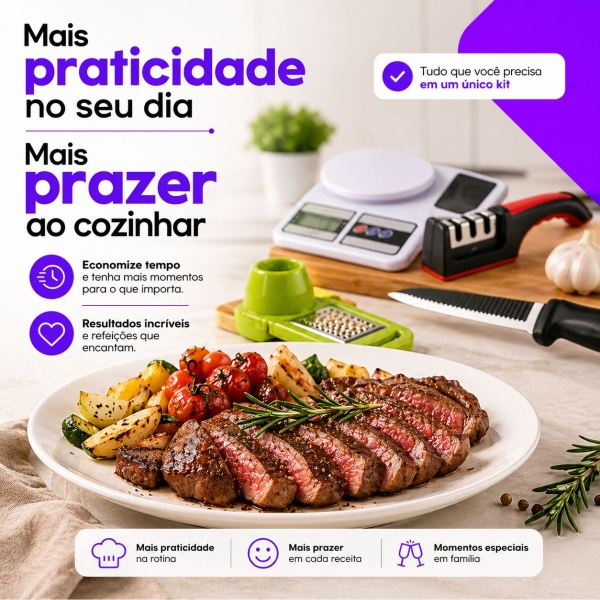 Kit Cozinha 4 Em 1 Balança Digital Faca Afiador Ralador
