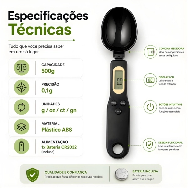 Colher Medida Balança Digital Eletrônica Cozinha Até 500g - Preta
