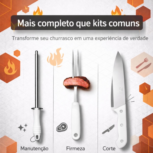 Kit Churrasco Profissional 3 Peças Faca Garfo Chaira Aço Inox