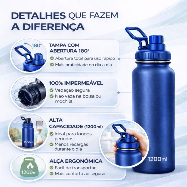 Garrafa Térmica Inox 1200ml Parede Dupla Isolamento a Vácuo Antivazamento com Alça 180° - Azul