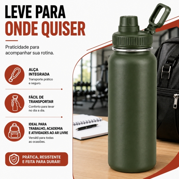Garrafa Térmica Inox 1200ml Parede Dupla Isolamento a Vácuo Antivazamento com Alça 180° - Verde Militar