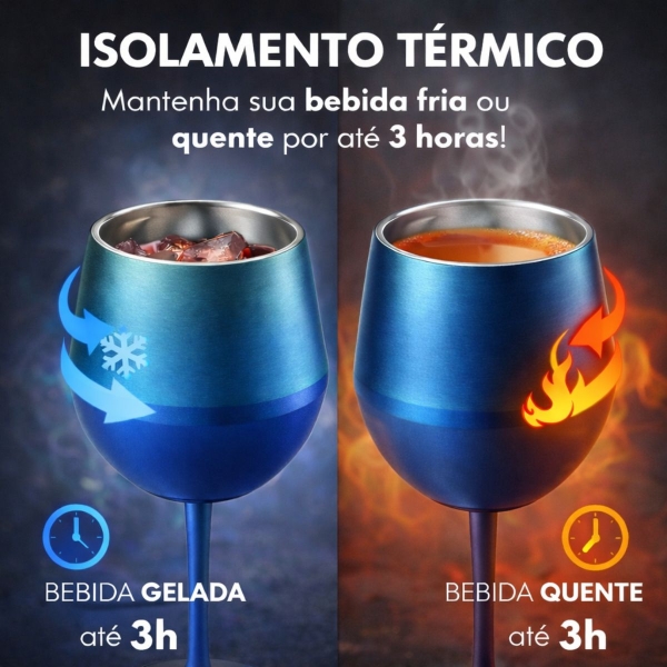 Copo Térmico 2 em 1 Aço Inox 400ml Taça Bebida Fria Quente - Azul Cromado