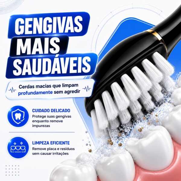 Escova Elétrica Sônica Recarregável USB IPX7 6 Modos + 4 Refis - Preto