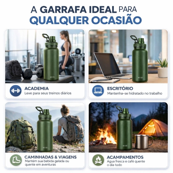 Garrafa Térmica Inox 1200ml Parede Dupla Isolamento a Vácuo Antivazamento com Alça 180° - Verde Militar