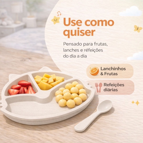 Prato Infantil Com Divisorias Flor Garfo E Colher BPA Free - Gato Branco