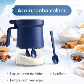 Açucareiro de Vidro 350ml com Tampa Vedada e Colher Azul e Cinza