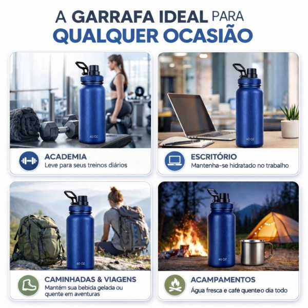 Garrafa Térmica Inox 1200ml Parede Dupla Isolamento a Vácuo Antivazamento com Alça 180° - Azul