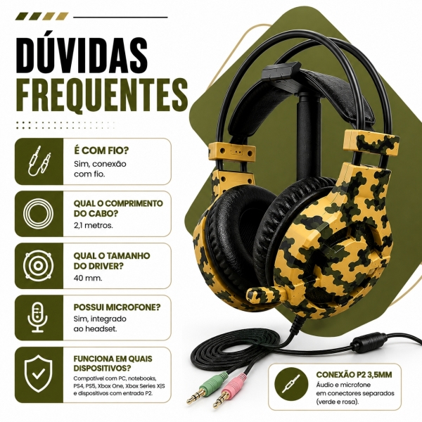 Headset Gamer Fone Com Microfone Driver 40mm P2 2,1m
