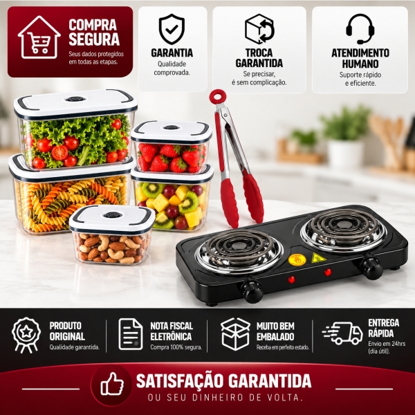 Kit Cozinha Fogão Elétrico 2 Bocas 127V 2000W + 5 Potes Herméticos + Pegador Silicone Inox